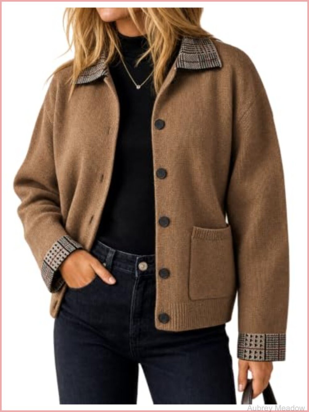 Women's Knit Cardigan Jacket with Plaid Collar Button Front